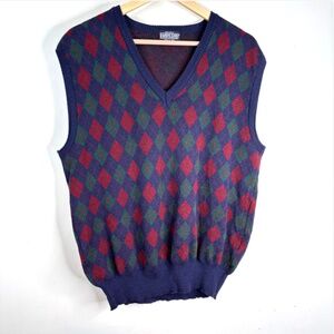 VTG 90s Lands End Argyle Sweater Vest L Wool Made in Italy Academia Old Money